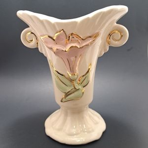 VINTAGE HULL POTTERY VASE IN GLOSSY FINISH WITH PINK D& GREEN FLOWER WITH GOLD T